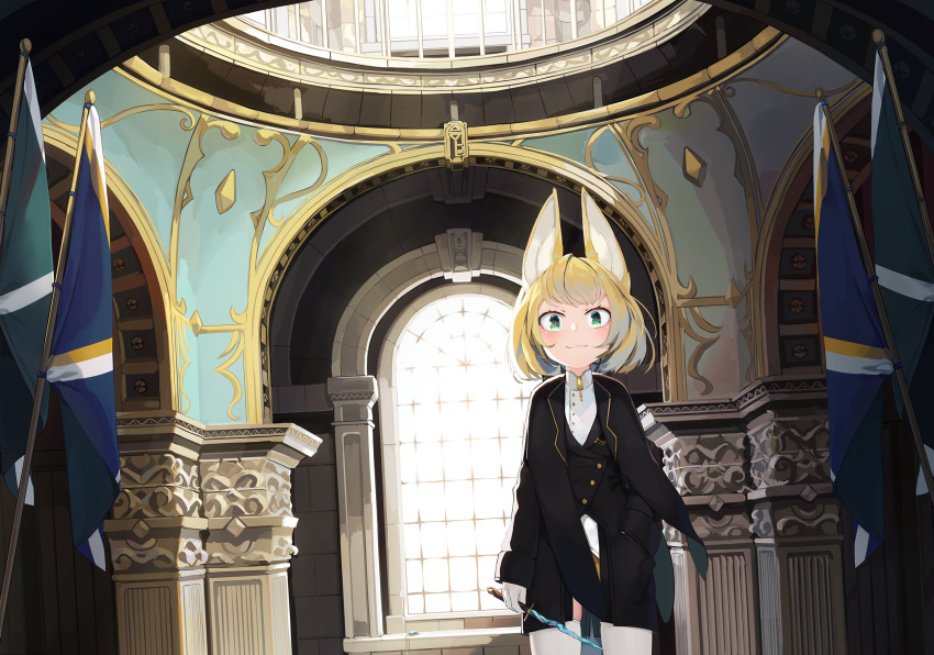 1girl animal_ears black_jacket blonde_hair blush closed_mouth commentary_request dagger day flag gloves green_eyes hand_in_pocket highres holding holding_dagger holding_weapon indoors jacket long_sleeves looking_at_viewer natori_youkai original shirt short_hair skindentation sleeves_past_wrists smile solo standing sunlight thigh-highs weapon white_gloves white_legwear white_shirt window
