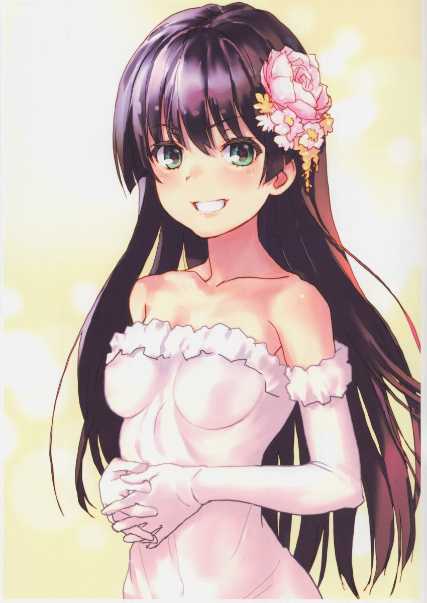 1girl absurdres alternate_costume bangs blunt_bangs collarbone dress elbow_gloves flower frilled_dress frills gloves gradient gradient_background green_eyes hair_flower hair_ornament hands_clasped highres lips long_hair off-shoulder_dress off_shoulder own_hands_together parted_lips raika9 saten_ruiko scan solo to_aru_kagaku_no_railgun to_aru_majutsu_no_index upper_body white_dress white_gloves yellow_background