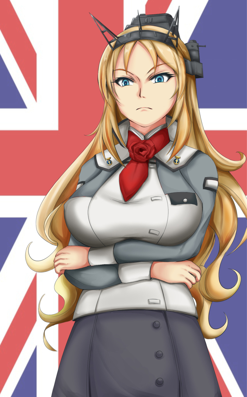 1girl ascot blonde_hair blue_eyes breasts cowboy_shot decepticonswarior frown headgear highres kantai_collection large_breasts long_sleeves military military_uniform nelson_(kantai_collection) pencil_skirt red_neckwear skirt uniform union_jack