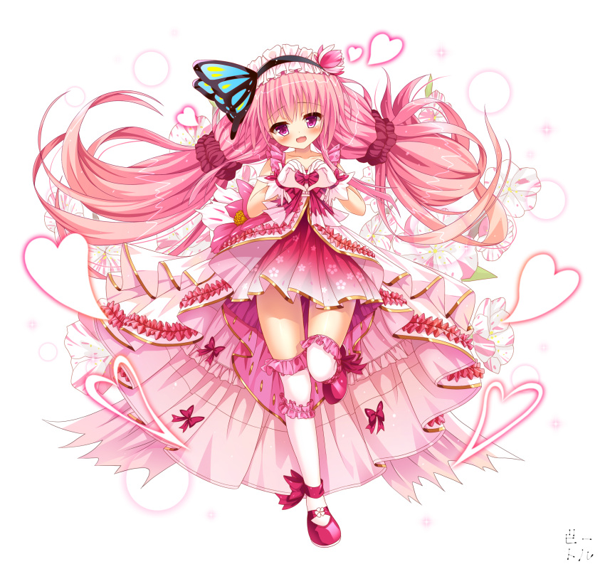 1girl :d absurdres bettle_(b_s_a_n) blush butterfly_hair_ornament dress dress_bow flower_knight_girl full_body gloves hair_ornament hanamomo_(flower_knight_girl) heart heart_hands highres long_hair looking_at_viewer open_mouth pink_dress pink_skirt simple_background skirt smile solo standing standing_on_one_leg thigh-highs twintails very_long_hair violet_eyes white_background white_gloves white_legwear