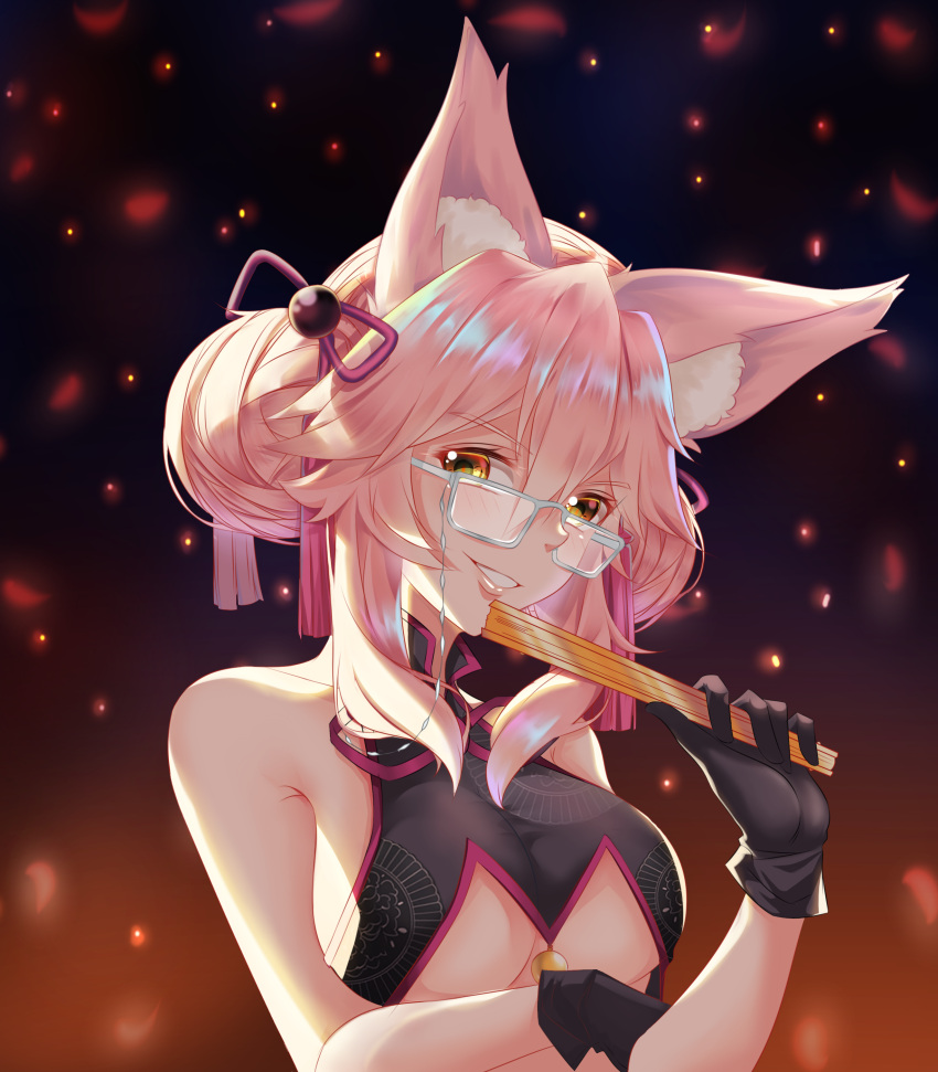 1girl absurdres animal_ear_fluff animal_ears black_gloves blush breasts center_opening china_dress chinese_clothes dress eyebrows_visible_through_hair fan fate/grand_order fate_(series) folding_fan fox_ears fox_girl glasses gloves highres holding holding_fan koyanskaya large_breasts no_bra pink_hair sd4869 sleeve_cuffs solo tamamo_(assassin)_(fate) tamamo_(fate)_(all) under_boob white-framed_eyewear yellow_eyes