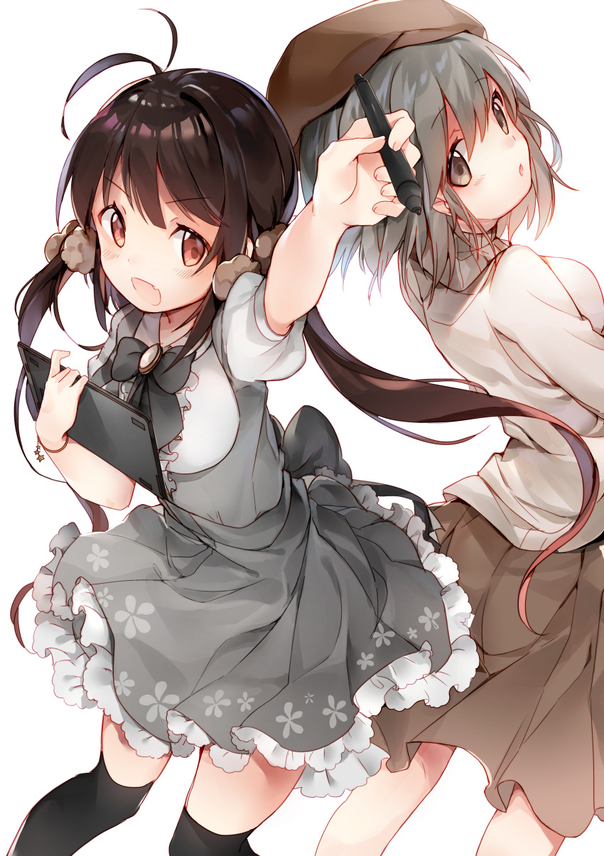2girls :d absurdres amafuyu antenna_hair arm_up beret black_bow black_hair black_legwear blush bow brooch brown_eyes brown_headwear brown_skirt commentary_request drawing_tablet dress fang floral_print frilled_dress frills grey_dress grey_eyes grey_hair hat highres holding holding_stylus jewelry long_hair multiple_girls open_mouth original over-kneehighs print_dress puffy_short_sleeves puffy_sleeves shirt short_sleeves simple_background skirt sleeveless sleeveless_dress smile stylus sweater thigh-highs twintails very_long_hair white_background white_shirt white_sweater