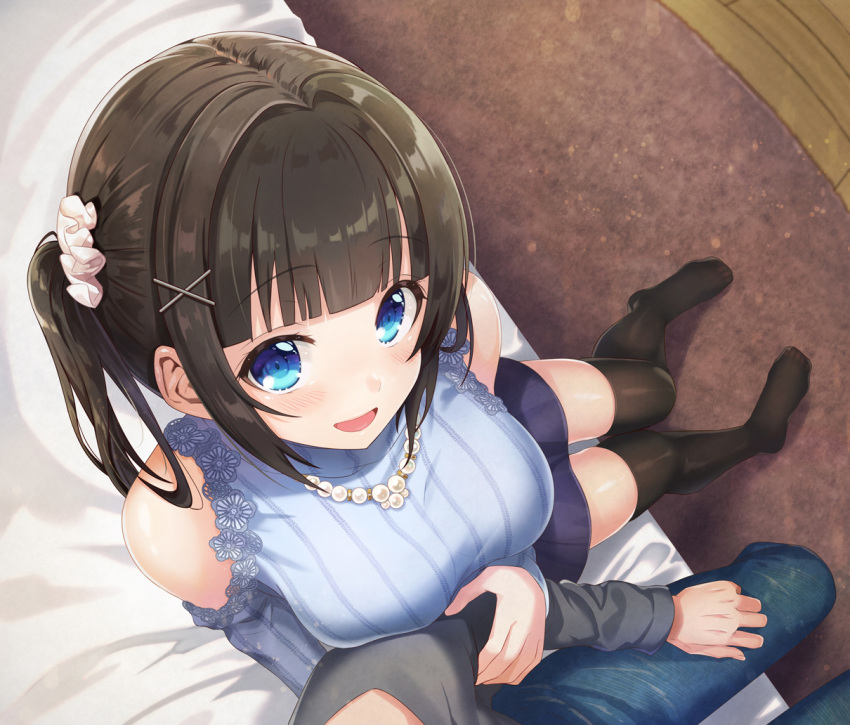 1boy 1girl azuki_yui bangs bare_shoulders black_legwear black_skirt blue_eyes blush breasts brown_hair commentary_request eyebrows_visible_through_hair from_above hair_ornament large_breasts on_bed original sitting skirt thigh-highs two_side_up x_hair_ornament