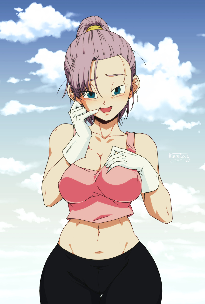 absurdres black_pants blue_eyes bra_(dragon_ball) clouds dragon_ball dragon_ball_multiverse english_commentary gloves highres ledy open_mouth pants pink_tank_top ponytail purple_hair signature sky white_gloves
