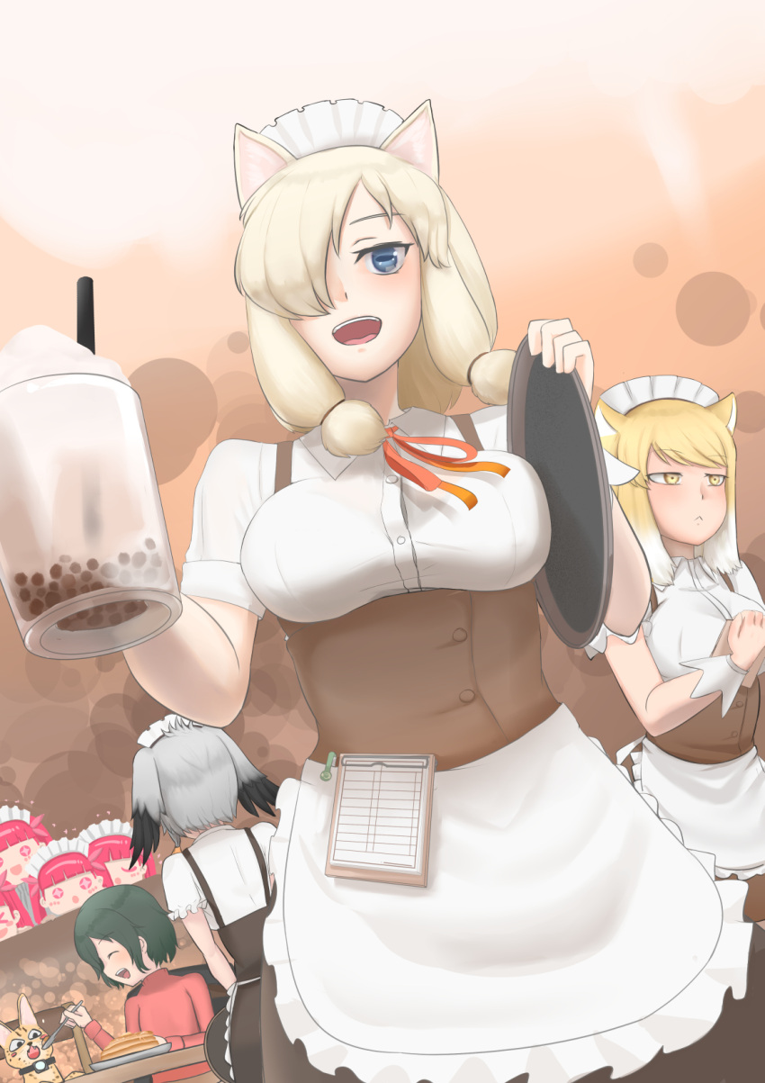&gt;_&lt; +_+ 6+girls :&lt; ^_^ alpaca_ears alpaca_suri_(kemono_friends) alternate_costume animal animal_ears apron bangs bare_arms black_hair blonde_hair blue_eyes breasts brown_dress bubble_tea buttons cat closed_eyes closed_mouth collared_shirt cup dress drink dutch_angle enmaided eyebrows_visible_through_hair feeding food fox_ears frills green_hair grey_hair hair_over_one_eye hands_up highres holding horizontal_pupils john_(a2556349) kaban_(kemono_friends) kemono_friends looking_at_another looking_at_viewer looking_to_the_side maid maid_apron maid_headdress medium_breasts medium_hair mug multicolored_hair multiple_girls neck_ribbon notepad open_mouth pancake pen red_neckwear red_ribbon red_sweater redhead ribbon serval serval_(kemono_friends) shirt shoebill_(kemono_friends) short_hair short_sleeves smile solo_focus sweater swept_bangs tibetan_sand_fox_(kemono_friends) tray tsurime turtleneck turtleneck_sweater two-tone_hair underbust waist_apron white_apron white_hair white_shirt wing_collar yellow_eyes