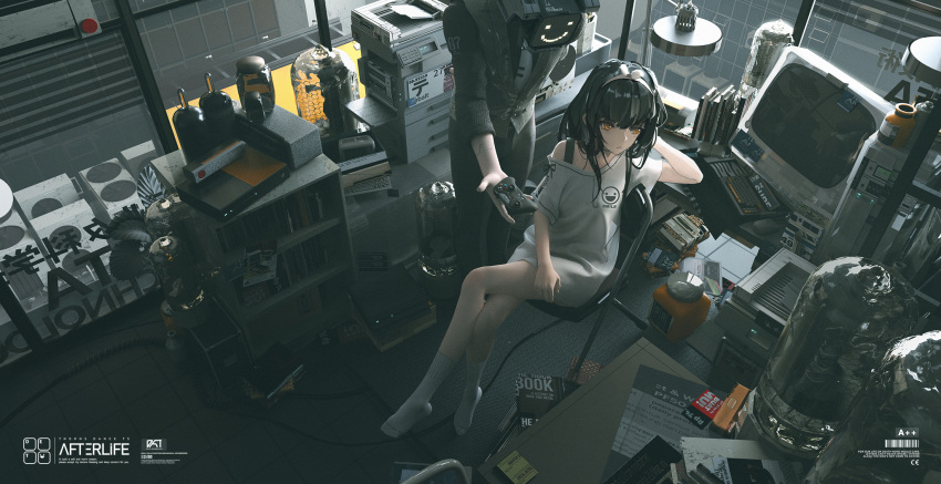 1girl 1other android bangs black_hair book bookshelf brown_eyes cable chair copy_machine crossed_legs desk_lamp english_text folding_chair hairband highres ibara_dance keyboard_(computer) lamp long_hair looking_to_the_side monitor mouse_(computer) necktie original rug shirt sitting socks t-shirt waistcoat window