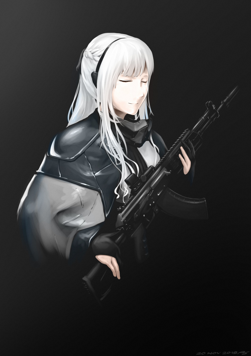 absurdres ak-12 ak-12_(girls_frontline) assault_rifle black_background black_cloak black_gloves black_mask_(clothing) black_ribbon braid cloak closed_eyes closed_mouth commentary crown_braid english_commentary girls_frontline gloves grey_cloak greythorn032 gun hair_ornament hair_ribbon head_tilt headgear highres holding holding_weapon mask mask_removed multicolored_cloak partly_fingerless_gloves ponytail ribbon rifle scope shirt sidelocks simple_background smile tactical_clothes upper_body weapon white_hair white_shirt