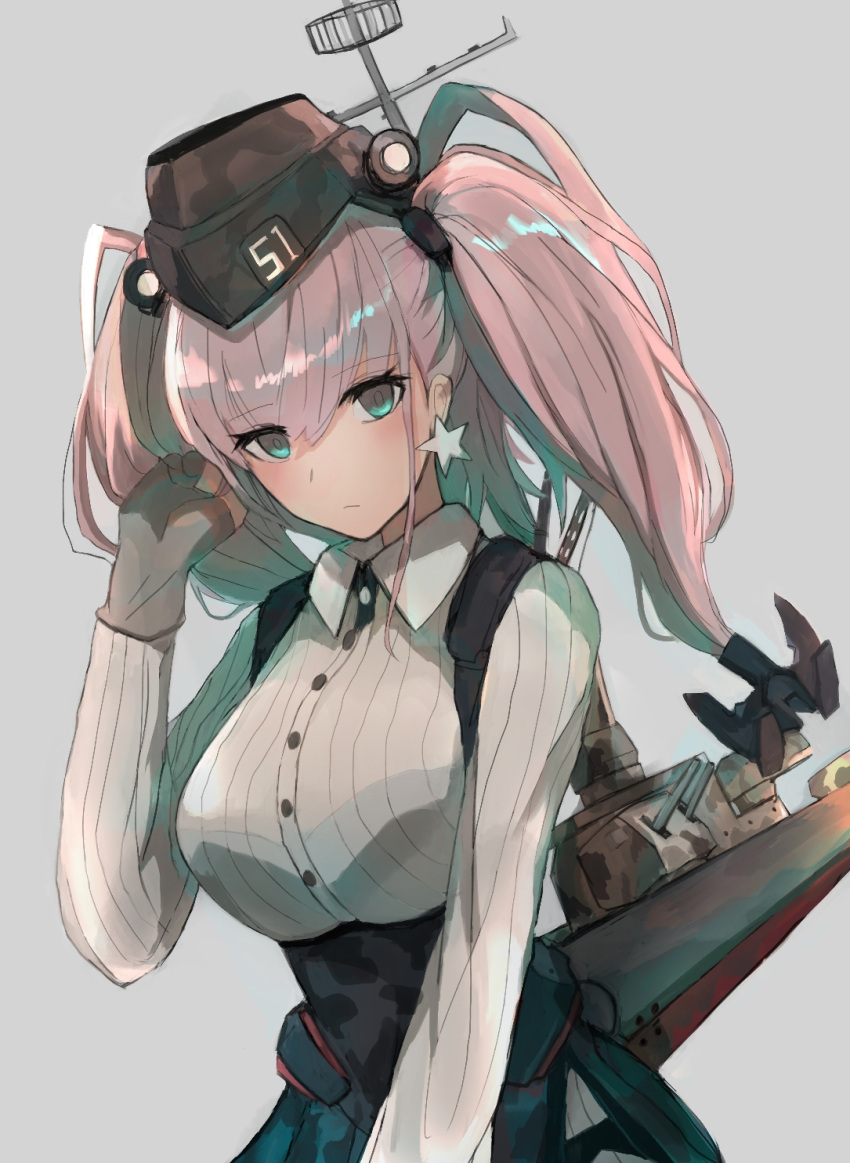 1girl amata_mitsumoto anchor_hair_ornament atlanta_(kantai_collection) bangs blue_eyes blush breasts brown_hair camouflage closed_mouth earrings eyebrows_visible_through_hair garrison_cap gloves hair_ornament hat headgear high-waist_skirt highres jewelry kantai_collection long_hair long_sleeves partly_fingerless_gloves rigging simple_background single_earring skirt solo star star_earrings twintails upper_body