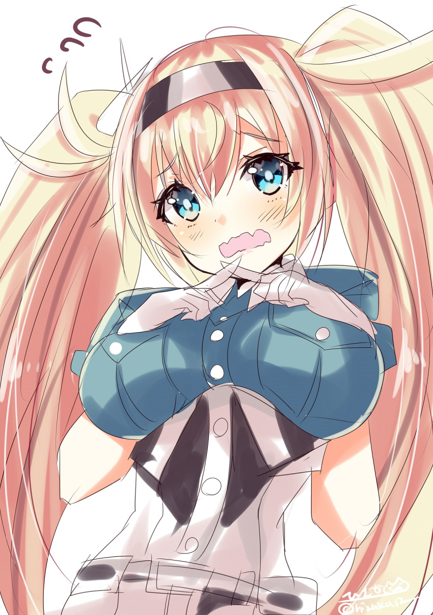 1girl blonde_hair blue_eyes blue_shirt blush breast_pocket breasts collared_shirt eyebrows_visible_through_hair gambier_bay_(kantai_collection) gloves hair_between_eyes hair_ornament hairband highres hizaka kantai_collection large_breasts looking_at_viewer open_mouth pocket shirt short_sleeves simple_background solo twintails white_background