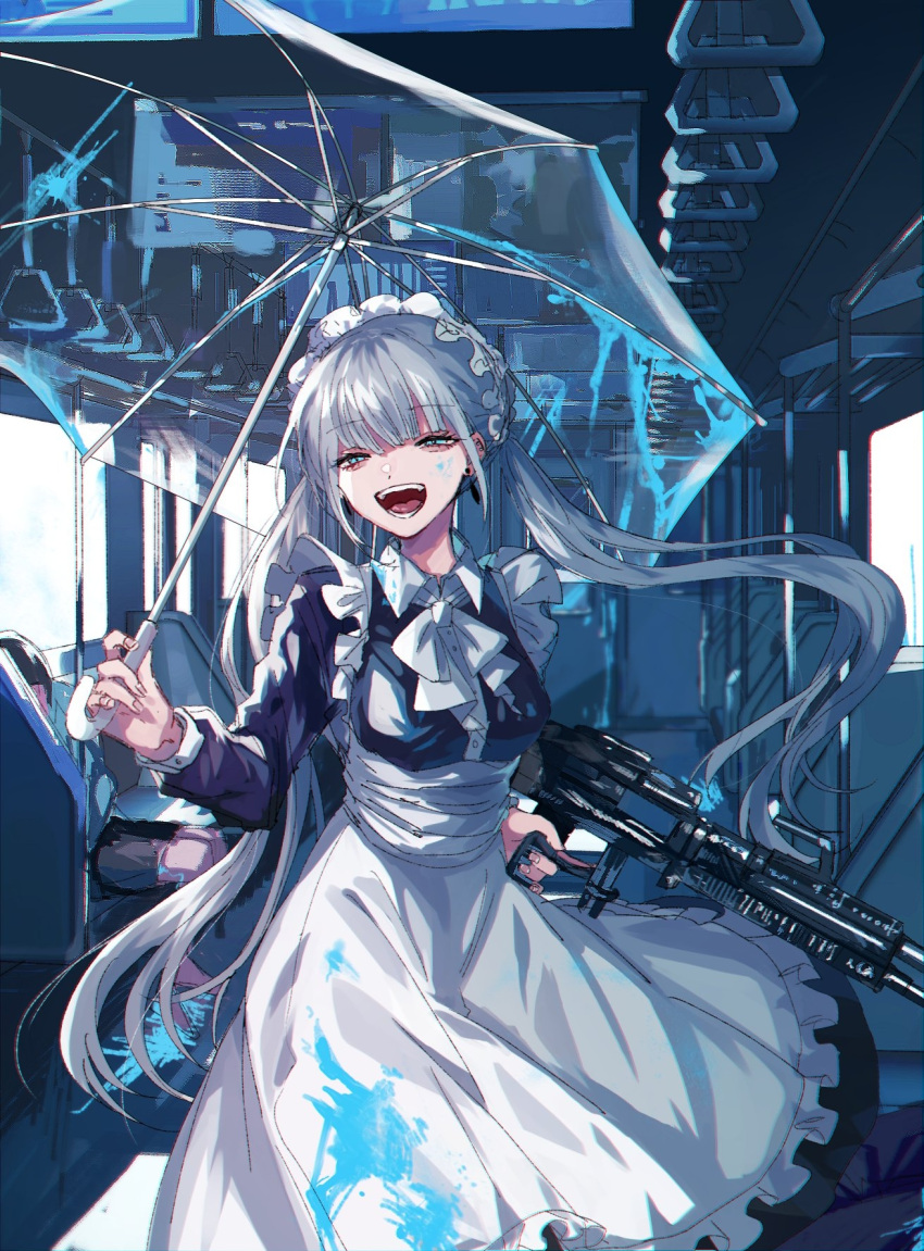 1girl 2boys apron aqua_eyes bare_legs billboard black_shorts blood bloody_apron bloody_clothes blue_blood blue_shirt commentary_request corpse danjou_sora death door dress earrings finger_on_trigger firing frilled_dress frills ground_vehicle gun half-closed_eyes head_tilt highres holding holding_umbrella holding_weapon jewelry laughing long_hair long_sleeves looking_to_the_side m240 machine_gun maid maid_apron maid_dress maid_headdress multiple_boys neck_ribbon open_mouth original pole ribbon seat shiny shiny_hair shirt shorts silver_hair solo teeth tongue train train_interior transparent transparent_umbrella twintails umbrella walking weapon white_dress window
