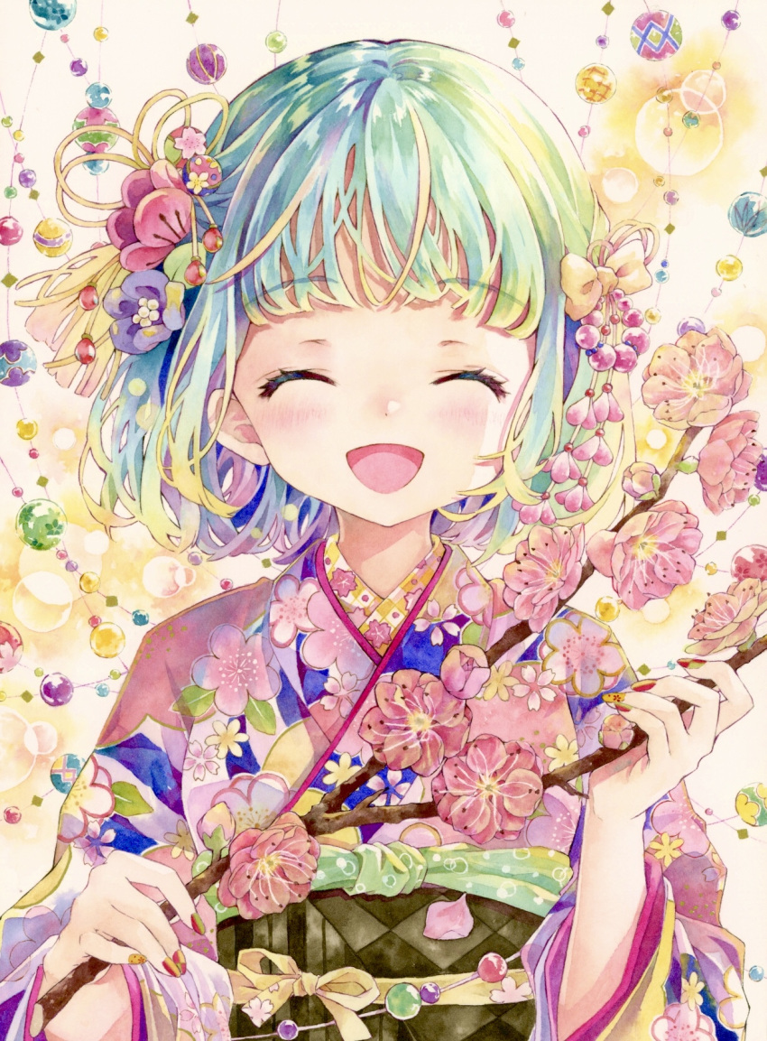 1girl aqua_hair blush bow bubble cherry_blossom_print cherry_blossoms closed_eyes commentary_request facing_viewer fingernails floral_print flower furisode green_nails hair_bow hair_flower hair_ornament highres holding_branch japanese_clothes kanzashi kimono long_fingernails multicolored multicolored_nails nail_polish open_mouth original petals pink_kimono red_nails short_hair smile solo traditional_media upper_body watercolor_(medium) yellow_bow yellow_nails yukoring