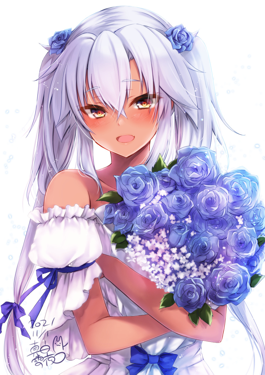 1girl absurdres alternate_costume bare_shoulders bouquet breasts collarbone dark-skinned_female dark_skin dated dress fang flower frills hair_flower hair_ornament highres holding holding_bouquet kantai_collection large_breasts light_brown_hair mashiro_yukiya musashi_(kancolle) one-hour_drawing_challenge open_mouth platinum_blonde_hair red_eyes short_hair_with_long_locks signature simple_background smile solo strapless strapless_dress twintails two_side_up wedding_dress white_background white_dress