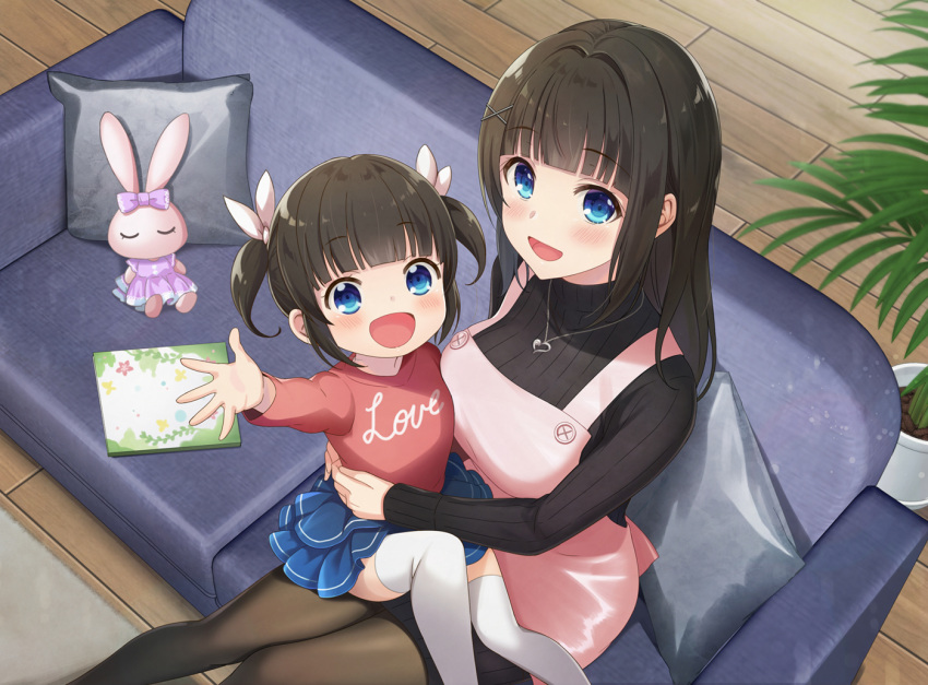 2girls azuki_yui bangs black_legwear black_sweater blue_eyes blue_skirt blush breasts child commentary_request couch eyebrows_visible_through_hair hair_ornament large_breasts long_hair looking_at_viewer multiple_girls on_couch open_mouth original pantyhose pillow red_shirt shirt short_hair sitting skirt stuffed_animal stuffed_bunny stuffed_toy sweater thigh-highs two_side_up white_legwear x_hair_ornament