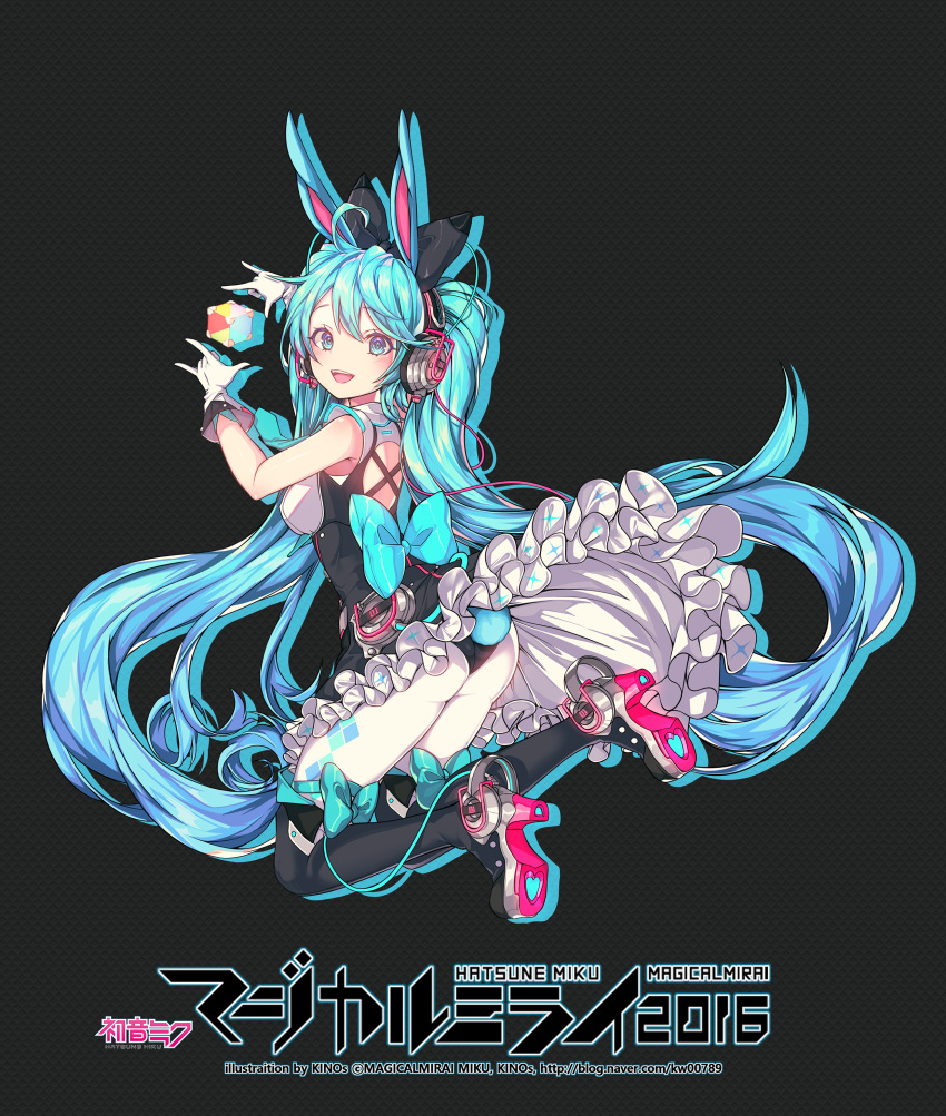 1girl :d absurdres animal_ears argyle argyle_legwear artist_name ass black_bow black_dress black_footwear blue_bow blue_eyes blue_hair boots bow breasts character_name copyright_name cube dated dress gloves grey_background hair_bow hatsune_miku headphones headset highres kw00789 long_hair looking_at_viewer looking_back magical_mirai_(vocaloid) medium_breasts open_mouth pantyhose pose rabbit_ears simple_background sleeveless smile solo thigh-highs thigh_boots twintails very_long_hair vocaloid watermark web_address white_gloves white_legwear