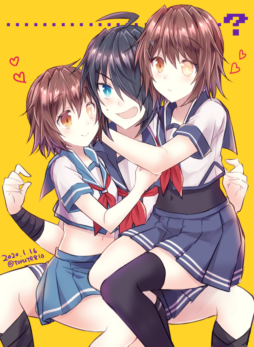 3girls absurdres ahoge black_hair black_legwear blue_eyes blue_sailor_collar blue_skirt brown_eyes brown_hair dated dual_persona eyebrows_visible_through_hair fang furutaka_(kantai_collection) hair_between_eyes hair_over_one_eye heart heterochromia highres kabocha_torute kako_(kantai_collection) kantai_collection kerchief kneehighs multiple_girls open_mouth pleated_skirt red_neckwear remodel_(kantai_collection) sailor_collar school_uniform serafuku short_hair short_sleeves single_kneehigh single_thighhigh skirt thigh-highs twitter_username yellow_eyes