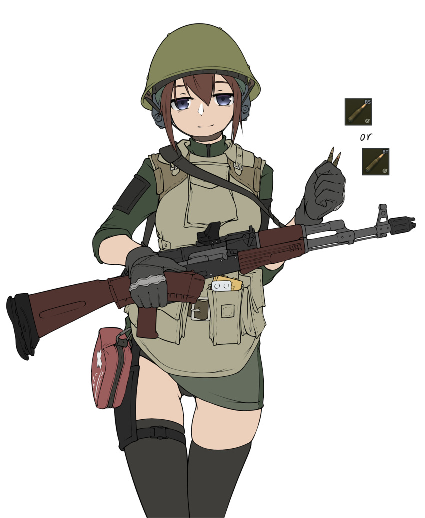 1girl ak-47 armedshipyard assault_rifle blue_eyes brown_hair bullet escape_from_tarkov first_aid_kit gloves gun helmet highres holding holding_weapon load_bearing_equipment looking_at_viewer military panties panty_peek rifle solo thigh-highs thigh_gap underwear weapon white_background zettai_ryouiki