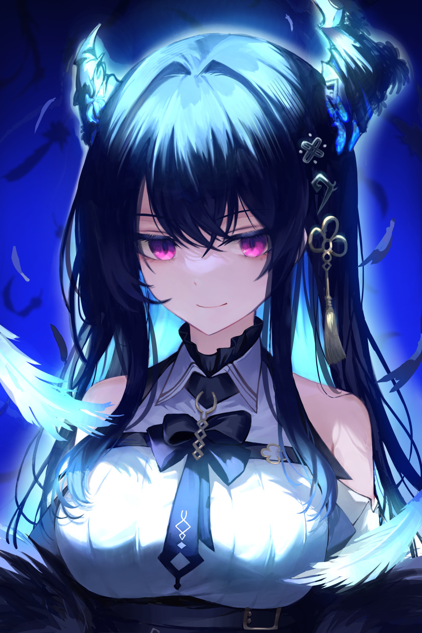 1girl absurdres asymmetrical_horns black_hair blue_hair clothing_cutout collared_dress colored_inner_hair demon_horns dress feathers grim_jisoo highres hololive hololive_english horns long_hair looking_at_viewer mole mole_under_eye multicolored_hair nerissa_ravencroft red_eyes shoulder_cutout smile solo virtual_youtuber white_dress