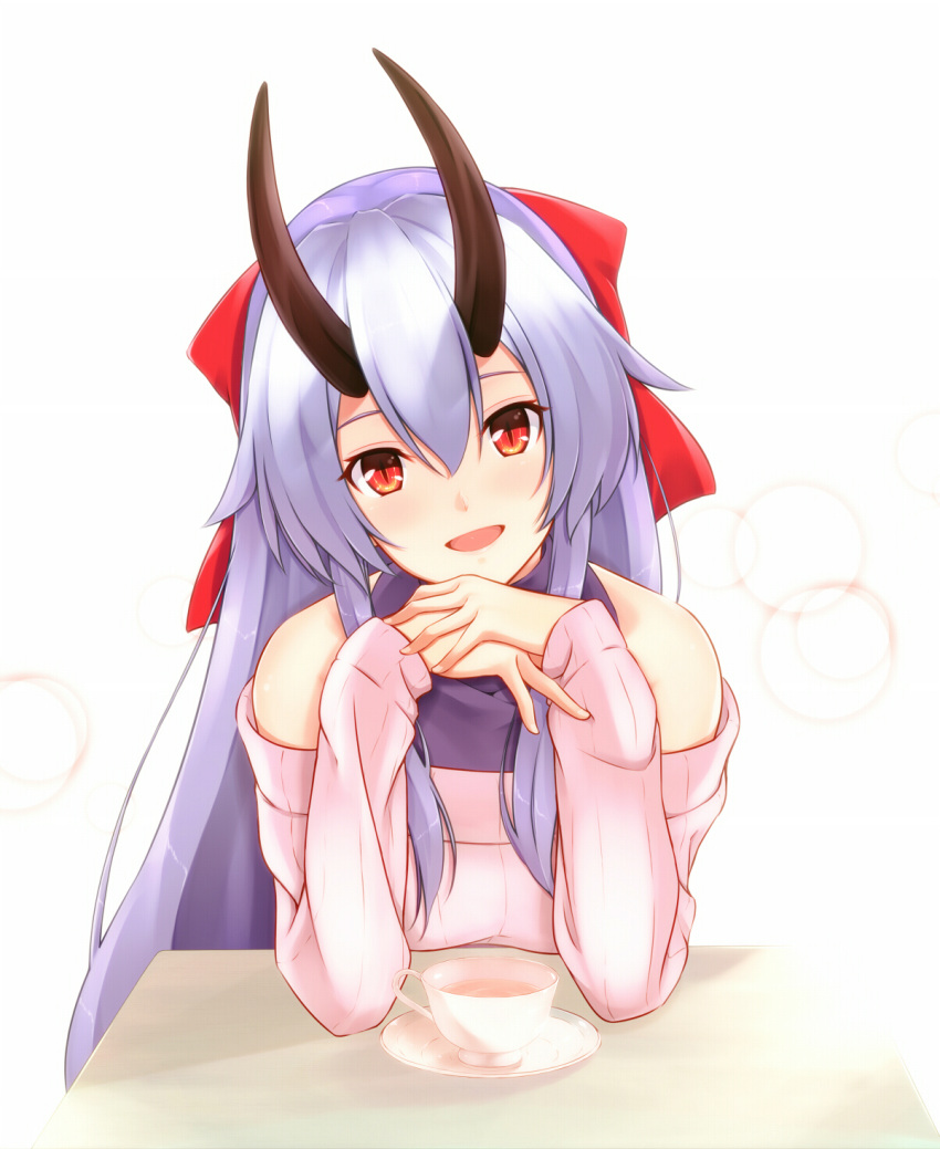 1girl :d bangs bare_shoulders blush bow casual commentary_request cup fate/grand_order fate_(series) hair_bow head_tilt highres long_hair long_sleeves looking_at_viewer off-shoulder_sweater off_shoulder oni_horns open_mouth own_hands_together pink_sweater red_bow red_eyes saucer sidelocks silver_hair simple_background sleeves_past_wrists slit_pupils smile solo sweater table teacup tohoho_(hoshinoyami) tomoe_gozen_(fate/grand_order) upper_body very_long_hair white_background