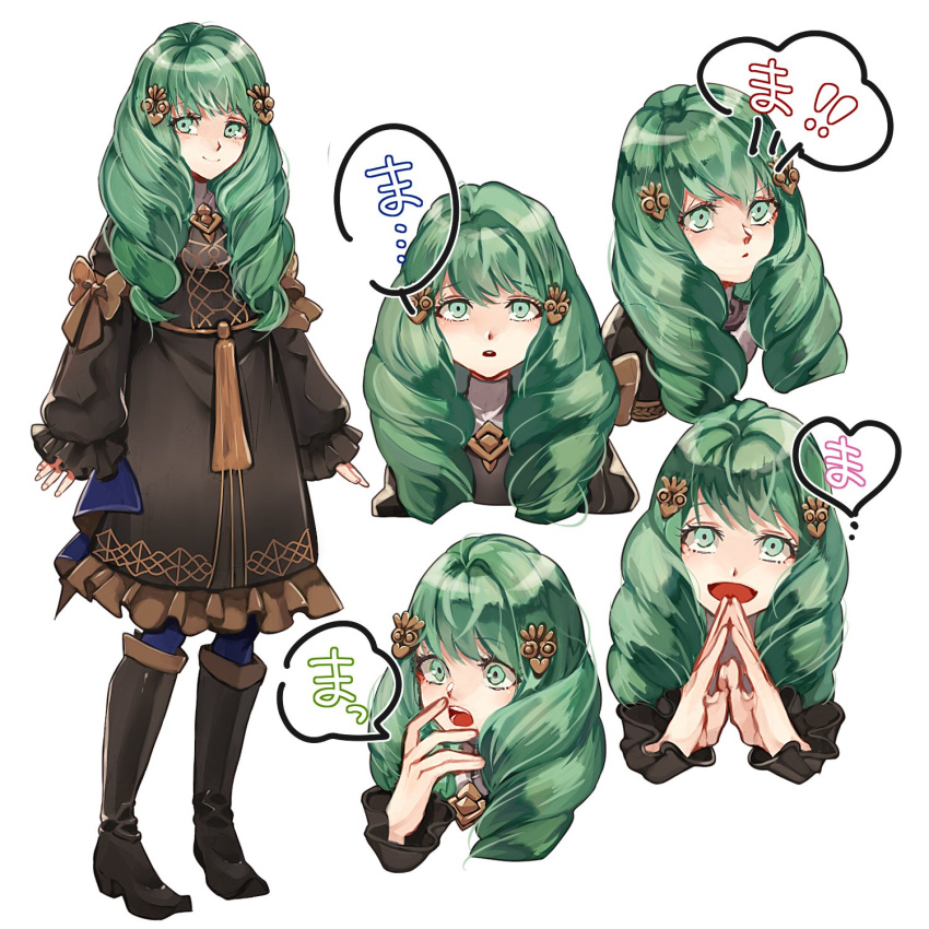 1girl boots bow closed_mouth fire_emblem fire_emblem:_three_houses flayn_(fire_emblem) garreg_mach_monastery_uniform green_eyes green_hair hair_ornament highres knee_boots long_hair long_sleeves multiple_views open_mouth parted_lips simple_background smile uniform white_background yachimata_1205