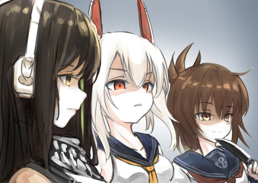 3girls absurdres anchor_symbol ayanami_(azur_lane) azur_lane black_hair blonde_hair brown_hair character_request commentary_request copyright_request folded_ponytail hair_between_eyes highres inazuma_(kantai_collection) kantai_collection knife miyopiwi multiple_girls neckerchief red_eyes red_neckwear school_uniform serafuku sidelocks yellow_neckwear