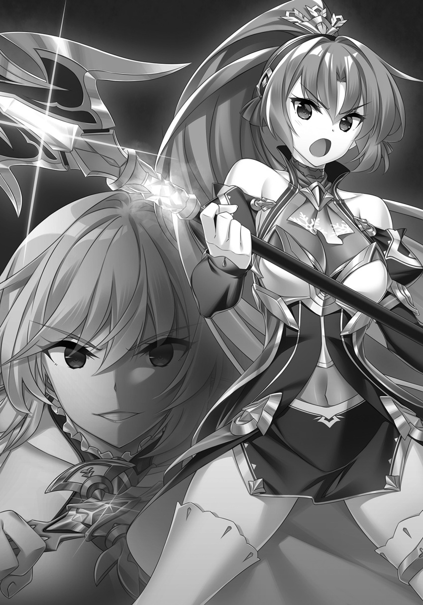 2girls :o bangs black_sleeves collarbone covered_navel detached_sleeves eleonora_viltaria eyebrows_visible_through_hair floating_hair greyscale grin hair_between_eyes high_ponytail highres holding holding_sword holding_weapon long_hair long_sleeves ludmila_lourie madan_no_ou_to_michelia miniskirt miyatsuki_itsuka monochrome multiple_girls novel_illustration official_art shiny shiny_hair side_slit skirt smile standing sword thigh-highs v-shaped_eyebrows very_long_hair weapon zettai_ryouiki