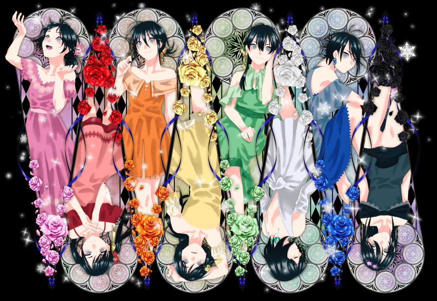 1girl absurdres ayamakinyan_(xianjian) bare_shoulders black_background black_dress black_hair blue_dress dress earrings flower green_dress grey_eyes hair_between_eyes hair_flower hair_ornament hand_up hands_together highres huge_filesize jewelry long_hair looking_at_viewer looking_up multiple_views orange_dress original pink_dress red_dress short_hair simple_background smile stained_glass twintails white_dress yellow_dress