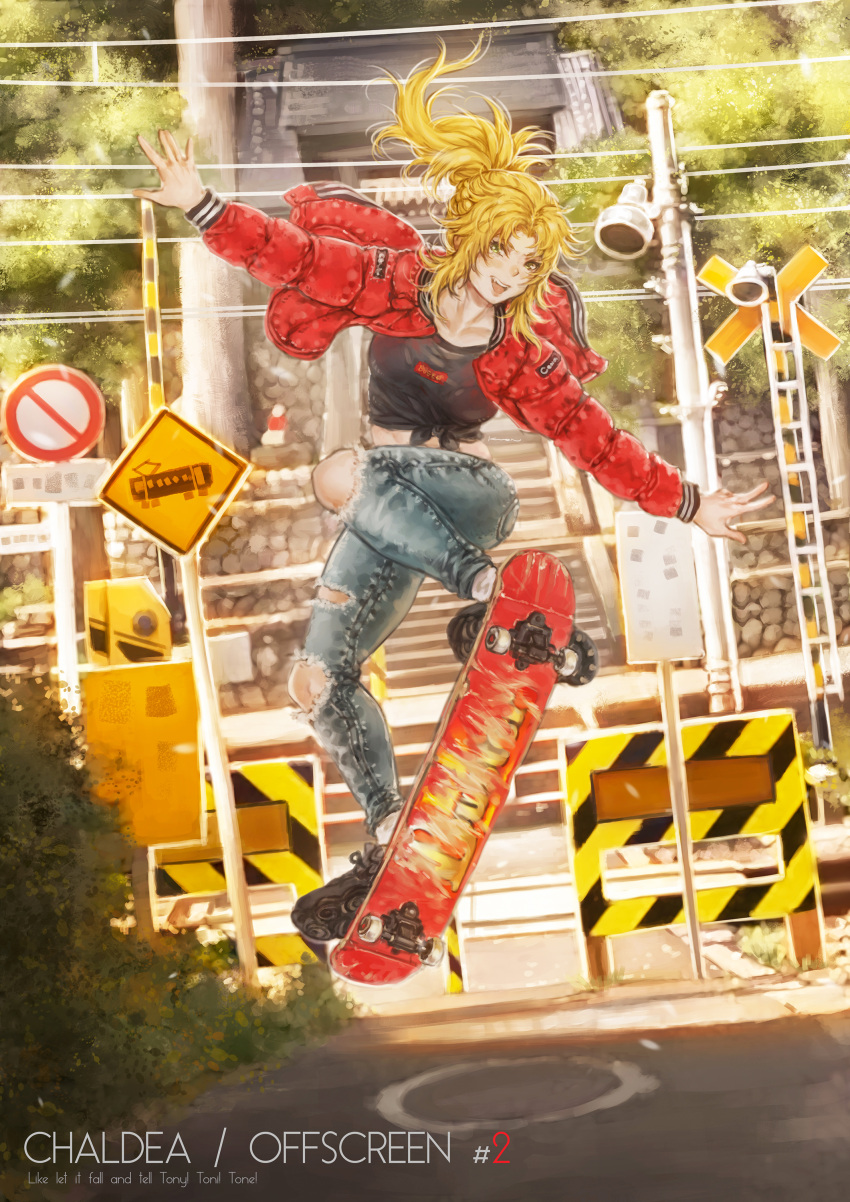 1girl absurdres blonde_hair braid breasts crown_braid denim english_text fang fate/apocrypha fate/grand_order fate_(series) front-tie_top full_body green_eyes highres jacket jeans jumping kuon_(kwonchanji) medium_breasts midriff mordred_(fate) mordred_(fate)_(all) open_clothes open_jacket open_mouth outstretched_arms pants ponytail railroad_crossing red_jacket shoes skateboard skateboarding sneakers solo torn_clothes torn_jeans torn_pants