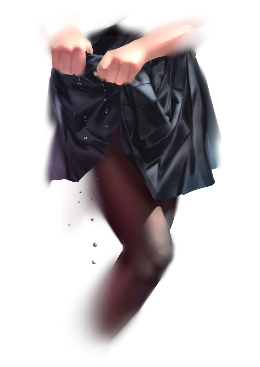 1girl absurdres black_skirt brown_legwear close-up commentary_request cropped_legs highres legs original pantyhose pleated_skirt simple_background skirt solo thighs wang_man water_drop wet wet_clothes wet_skirt white_background wringing_clothes wringing_skirt