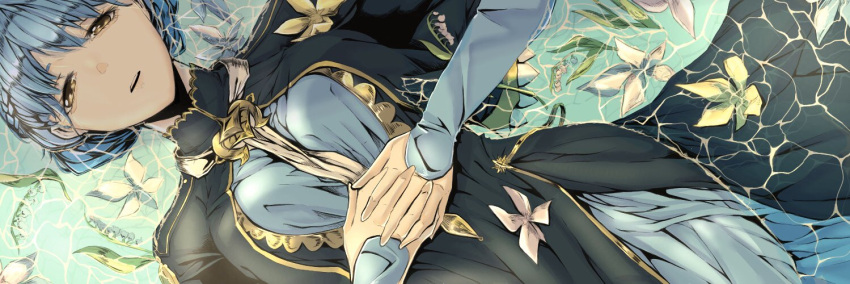 1girl blue_hair brown_eyes dress fehsisifunzin fire_emblem fire_emblem:_three_houses flower hands_clasped long_sleeves lying marianne_von_edmund on_back own_hands_together parted_lips solo water