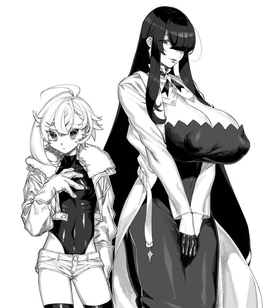 2girls ahoge bangs blunt_bangs breasts closed_mouth covered_navel covered_nipples fur-trimmed_jacket fur_trim gloves greyscale hair_between_eyes hair_over_one_eye half_gloves hands_together highres jacket large_breasts leotard long_hair medium_hair monochrome multiple_girls original short_shorts shorts small_breasts smile standing thigh-highs turtleneck w_nijuuyon