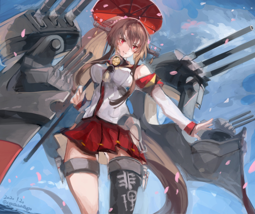 asymmetrical_legwear blue_sky brown_hair cannon cherry_blossoms clouds dated day detached_sleeves flower hair_flower hair_ornament headgear highres kantai_collection long_hair machinery nagasawa_tougo oriental_umbrella outdoors ponytail red_eyes red_umbrella single_thighhigh sky thigh-highs translation_request turret twitter_username umbrella yamato_(kantai_collection)