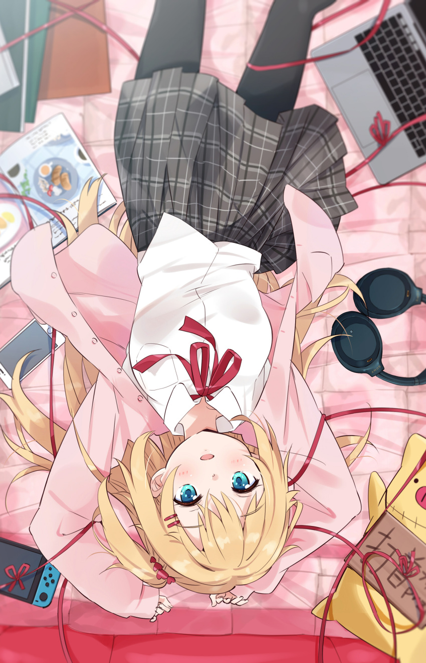 1girl absurdres akai_haato bed black_legwear blonde_hair blue_eyes book commentary game_console hair_ornament hairclip headphones highres hololive long_hair lying mousou_(mousou_temporary) pantyhose school_uniform solo upside-down virtual_youtuber