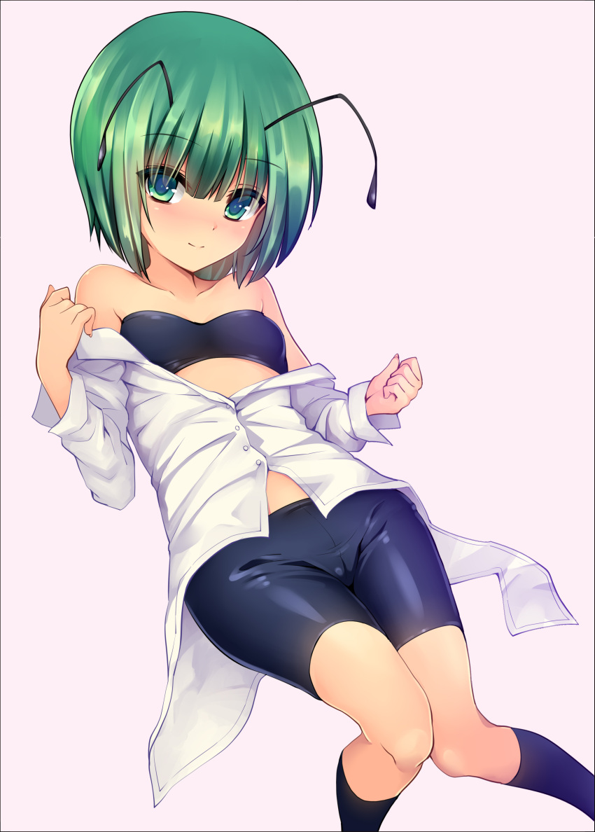 1girl absurdres antennae bandeau bangs bare_shoulders bike_shorts black_legwear black_shorts blush breasts clenched_hand eyebrows_visible_through_hair feet_out_of_frame green_eyes green_hair hair_between_eyes hand_up highres hijikawa_arashi kneehighs long_sleeves looking_at_viewer off_shoulder pink_background shirt short_hair short_shorts shorts simple_background small_breasts smile solo strapless thighs touhou tubetop white_shirt wriggle_nightbug