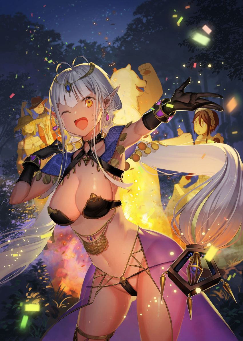 1boy 3girls :d :o armpits ass_visible_through_thighs bare_shoulders black_hair breasts closed_eyes dancer dark_elf earrings elf eyebrows_visible_through_hair facial_hair gloves goatee halterneck hat highres jewelry kururi long_hair multiple_girls navel night official_art one_eye_closed open_mouth outstretched_arm pointy_ears see-through shirokuma_tensei silver_hair smile very_long_hair