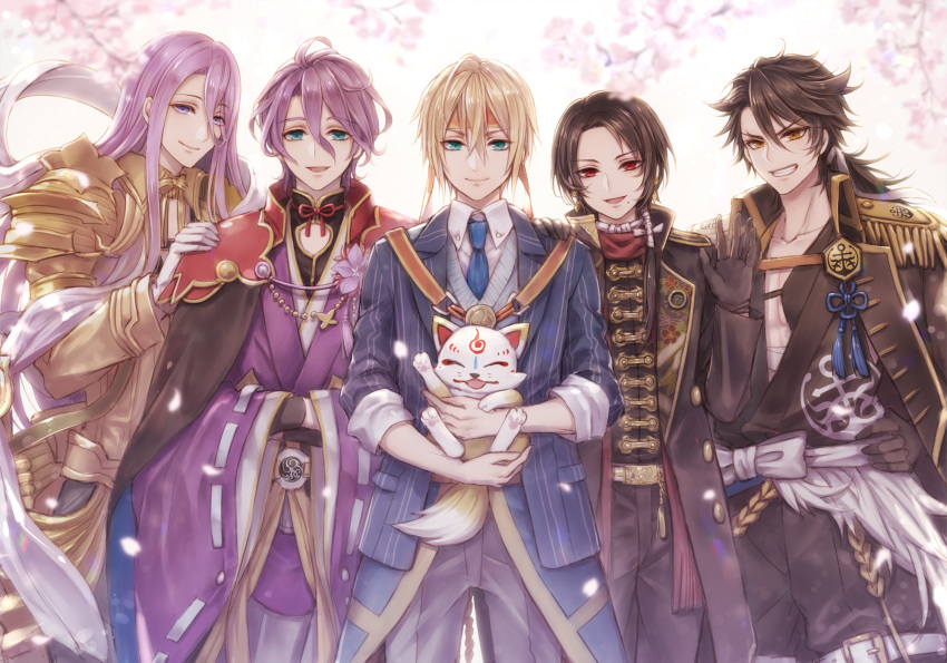 5boys aqua_eyes black_gloves blonde_hair blue_eyes brown_hair cape coat earrings epaulettes flower fox gloves grin hachisuka_kotetsu hand_on_another's_shoulder hands_in_opposite_sleeves headband highres jacket_on_shoulders japanese_clothes jewelry kasen_kanesada kashuu_kiyomitsu kiwame_(touken_ranbu) konnosuke male_focus mole mole_under_mouth multiple_boys mutsu-no-kami_yoshiyuki necktie open_mouth petals ponytail purple_hair red_eyes smile touken_ranbu white_gloves yamanbagiri_kunihiro yamaneko514 yellow_eyes