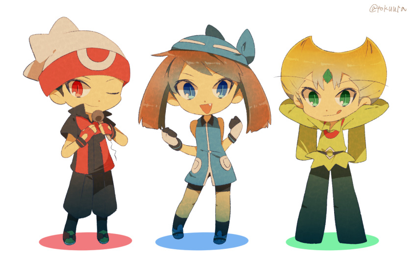 1girl 2boys black_hair black_pants blonde_hair blue_dress brown_hair dress emerald_(pokemon) fang flat_chest full_body gloves holding holding_microphone looking_at_viewer microphone multiple_boys odamaki_sapphire one_eye_closed pants pokemon pokemon_special red_gloves ruby_(pokemon) shoes signature sleeveless sleeveless_dress sleeves_past_wrists standing tokuura white_gloves white_headwear
