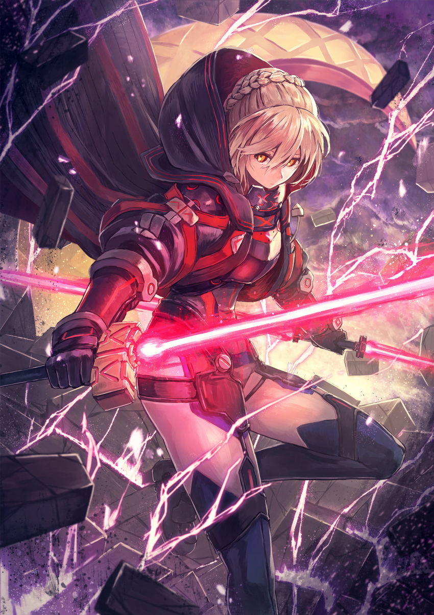 1girl armor armored_boots artoria_pendragon_(all) bangs black_coat black_gloves blonde_hair blue_footwear blurry boots braid breastplate closed_mouth clouds cloudy_sky coat commentary_request cracked_floor depth_of_field destruction double-blade dual_wielding electricity energy_sword excalibur expressionless fate/grand_order fate_(series) french_braid gloves glowing glowing_sword glowing_weapon hair_between_eyes hair_bun highres holding holding_sword holding_weapon hood hooded_coat kuroi_susumu leg_up lightsaber looking_at_viewer multicolored multicolored_eyes mysterious_heroine_x_(alter) open_clothes open_coat outdoors red_eyes revision shiny shiny_hair short_hair sidelocks sky solo stone sword thigh-highs thigh_boots weapon wind yellow_eyes