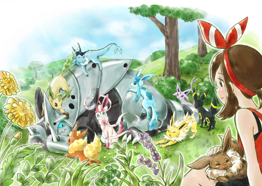 1girl aggron bangs black_eyes blue_eyes blue_sky breasts brown_eyes brown_hair bush closed_eyes clouds cloudy_sky commentary_request day eevee espeon flareon flower gen_1_pokemon gen_3_pokemon gen_4_pokemon gen_6_pokemon glaceon grass hair_ribbon haruka_(pokemon) huiyuan jolteon leafeon mega_aggron mega_evolution outdoors plant pokemon pokemon_(game) pokemon_on_back pokemon_on_head pokemon_on_lap pokemon_on_leg pokemon_oras red_ribbon ribbon short_hair sidelocks sitting sky small_breasts smile stretch sylveon tree umbreon vaporeon violet_eyes yawning