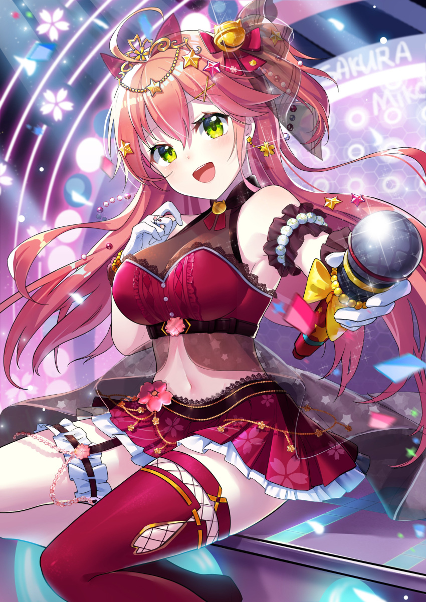 1girl absurdres ahoge bare_shoulders bell breasts character_name cherry_blossom_print dyx217 earrings floral_print gloves green_eyes hair_bell hair_ornament hairclip highres holding holding_microphone hololive jewelry leg_garter long_hair looking_at_viewer microphone midriff miniskirt navel open_mouth pink_hair pink_legwear ring sakura_miko single_thighhigh skirt solo star star_print thigh-highs tongue upper_teeth virtual_youtuber white_gloves