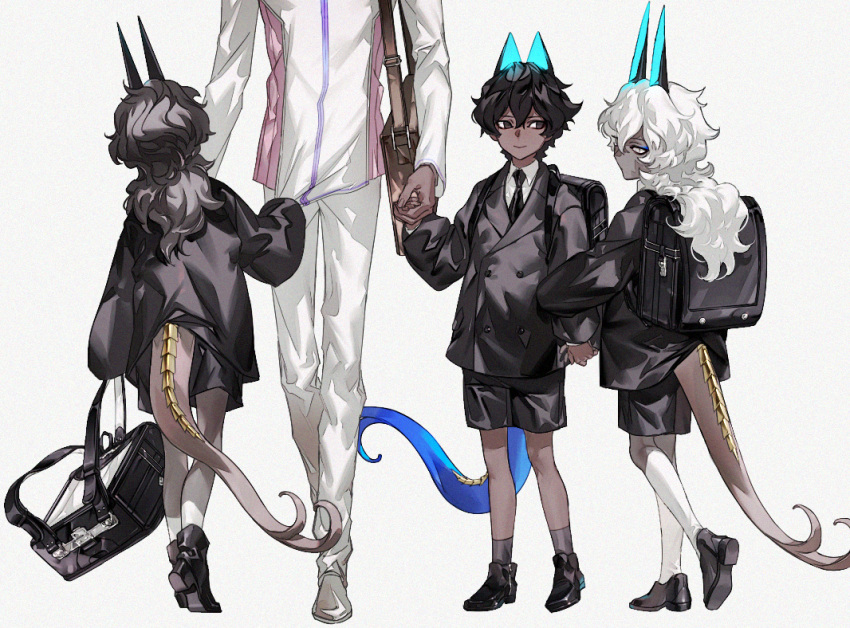 4boys animal_ears arjuna_(fate/grand_order) arjuna_alter black_eyes black_hair cat_ears child dark_skin dark_skinned_male fate/grand_order fate_(series) formal holding_hands horns kneehighs long_hair maka_(mksrw) male_focus multiple_boys multiple_persona necktie older short_hair shorts suit suit_jacket tail wavy_hair white_hair