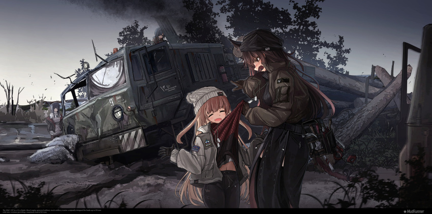 4girls angry animal_ears beanie black_gloves black_hair brown_eyes brown_gloves brown_hair closed_eyes dog_tags eyebrows_visible_through_hair fire_extinguisher gloves haguruma_(hagurumali) hat highres jacket long_hair military multiple_girls off_shoulder open_clothes open_jacket original pointing shirt_tug smoke tail tool_belt vehicle_request