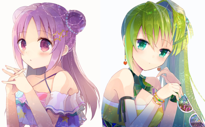 2girls alina_gray bangs bare_shoulders blush closed_mouth commentary_request criss-cross_halter double_bun earrings eyebrows_visible_through_hair eyewear_removed green_eyes green_hair hair_between_eyes hair_ornament halterneck hands_clasped hands_up holding holding_eyewear jewelry long_hair looking_at_viewer magia_record:_mahou_shoujo_madoka_magica_gaiden mahou_shoujo_madoka_magica misono_karin multiple_girls own_hands_together parted_bangs parted_lips purple_hair shikino_(sikinonono) simple_background star star_hair_ornament sunglasses very_long_hair violet_eyes white-framed_eyewear white_background
