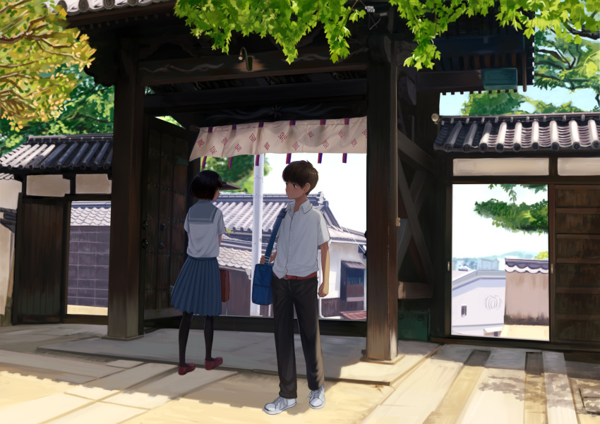 1boy 1girl architecture bag bangs belt black_hair black_legwear blush bob_cut building day dress_shirt east_asian_architecture eye_contact gate highres leaf loafers looking_at_another looking_back mitsu_(light_box) original outdoors pants pantyhose parted_lips pleated_skirt profile sailor_collar scenery school_bag school_briefcase school_uniform serafuku shade shirt shoes short_hair short_sleeves shoulder_bag skirt sneakers standing tile_roof tree walking