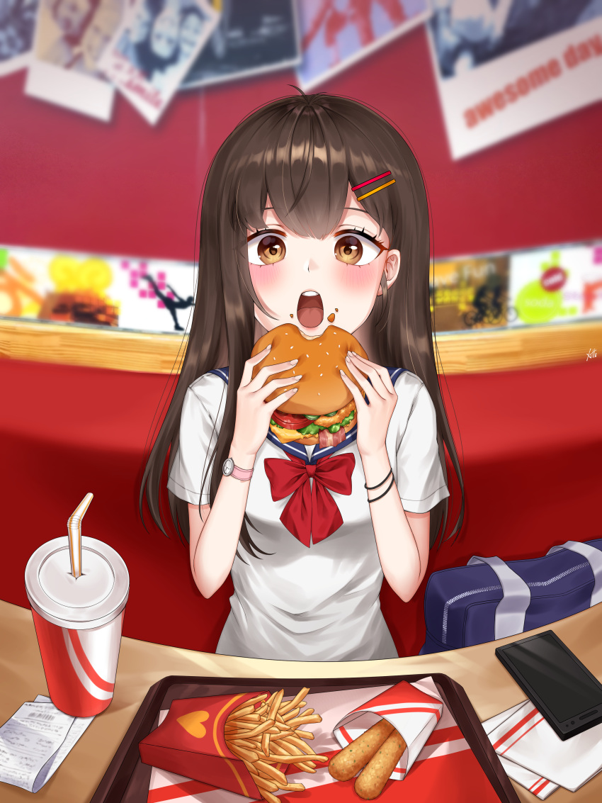 1girl absurdres bag bangs blush bracelet breasts brown_eyes brown_hair cellphone cup drinking_straw food french_fries hair_ornament hairclip hamburger highres jewelry long_hair open_mouth original phone school_bag school_uniform serafuku smartphone teeth tongue very_long_hair watch watch xiho_(suna)