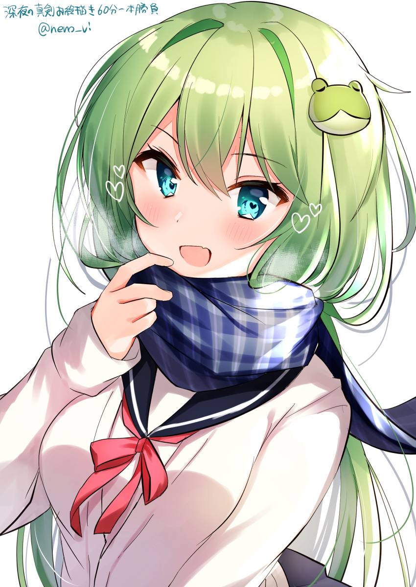 1girl :d absurdres alternate_costume aqua_eyes artist_name bangs black_sailor_collar blue_scarf blush breasts breath commentary_request contemporary eyebrows_visible_through_hair fang frog_hair_ornament green_hair hair_between_eyes hair_intakes hair_ornament hand_up heart heart-shaped_pupils highres kochiya_sanae large_breasts long_hair long_sleeves looking_at_viewer neck_ribbon nenobi_(nenorium) open_mouth plaid plaid_scarf red_neckwear red_ribbon ribbon sailor_collar scarf school_uniform serafuku shirt simple_background skin_fang smile solo symbol-shaped_pupils touhou translated twitter_username upper_body white_background white_shirt