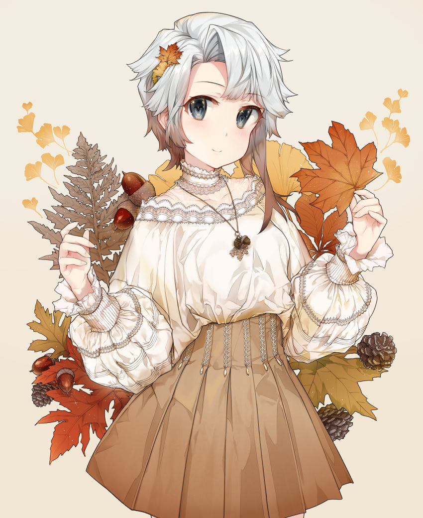 1girl acorn akishimo_(kantai_collection) alternate_costume bangs bare_shoulders blush brown_hair brown_skirt casual choker closed_mouth collarbone commentary_request eyebrows_visible_through_hair ginkgo_leaf gradient_hair grey_eyes highres holding holding_leaf jewelry kantai_collection leaf long_sleeves looking_at_viewer malachite maple_leaf multicolored_hair necklace pendant pinecone pleated_skirt puffy_long_sleeves puffy_sleeves shoes short_hair_with_long_locks silver_hair single_shoe skirt smile solo sweater symbol_commentary white_choker white_sweater