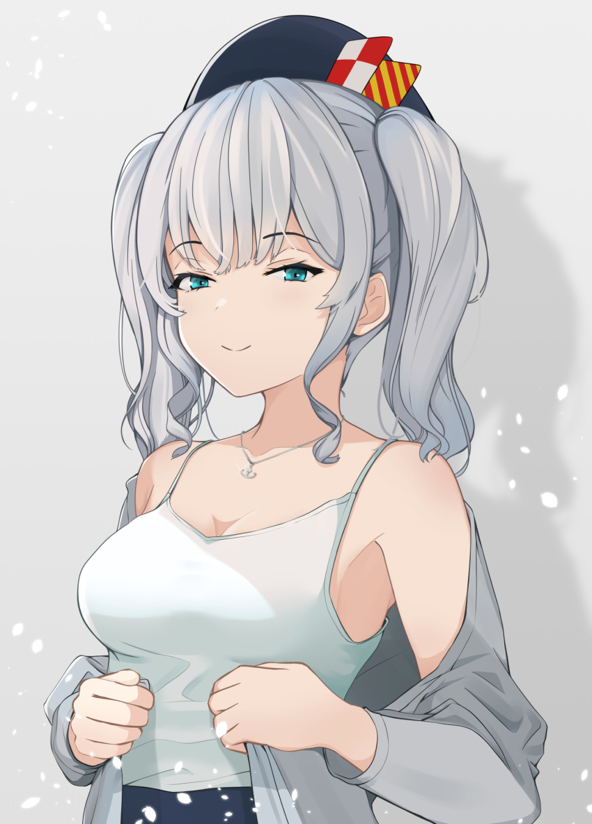 1girl anchor anchor_necklace bare_shoulders beret black_headwear blouse blue_eyes breasts eyebrows_visible_through_hair hat highres inor2i jewelry kantai_collection kashima_(kantai_collection) large_breasts long_hair looking_at_viewer necklace sidelocks silver_hair smile solo tsurime twintails wavy_hair