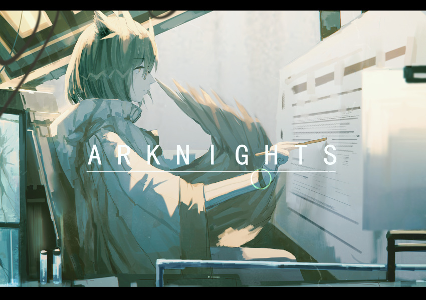 alcxome arknights bob_cut brown_hair chair clipboard contrast copyright_name feathers glasses high_collar highres hood hoodie monitor office_chair pale_skin silence_(arknights) stylus vial window wings wire working yellow_eyes