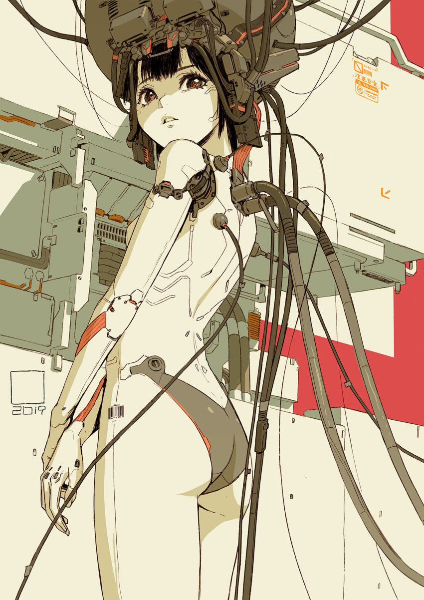 1girl barcode black_hair cable cyborg headgear highres looking_back muted_color original robot_joints science_fiction short_hair standing subdermal_port tandi