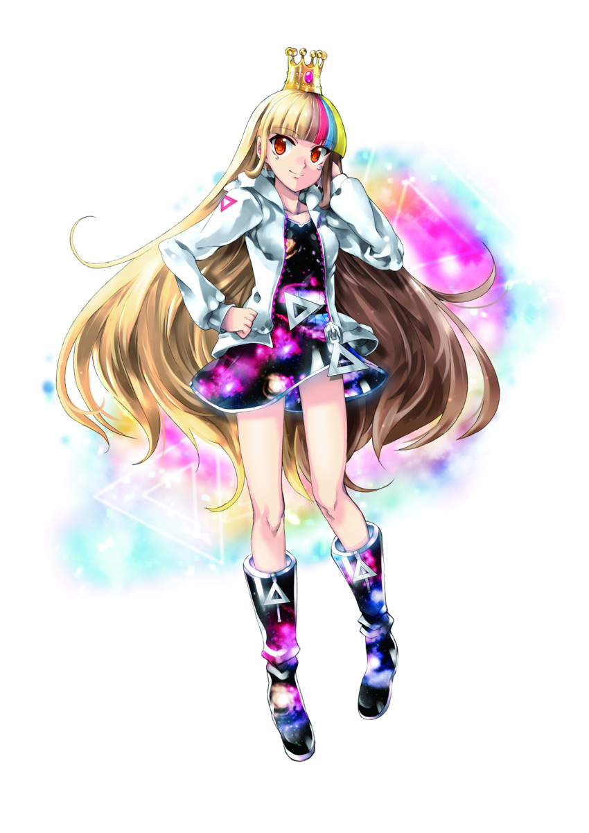 1girl bangs blonde_hair blunt_bangs boots breasts brown_hair closed_mouth collarbone crown dress eyebrows_visible_through_hair full_body galaco hand_on_hip highres hood hood_down hooded_jacket jacket kei_(keigarou) long_hair long_sleeves multicolored_hair official_art orange_eyes print_dress sidelocks small_breasts smile solo space_print standing starry_sky_print triangle very_long_hair vocaloid white_jacket